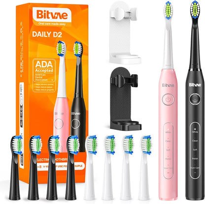 Bitvae Electric Toothbrush for Adults - Ultrasonic Electric Toothbrushes with 8 Brush Heads, ADA Accepted Power Rechargeable Toothbrush with 5 Modes, Smart Timer, Black D2