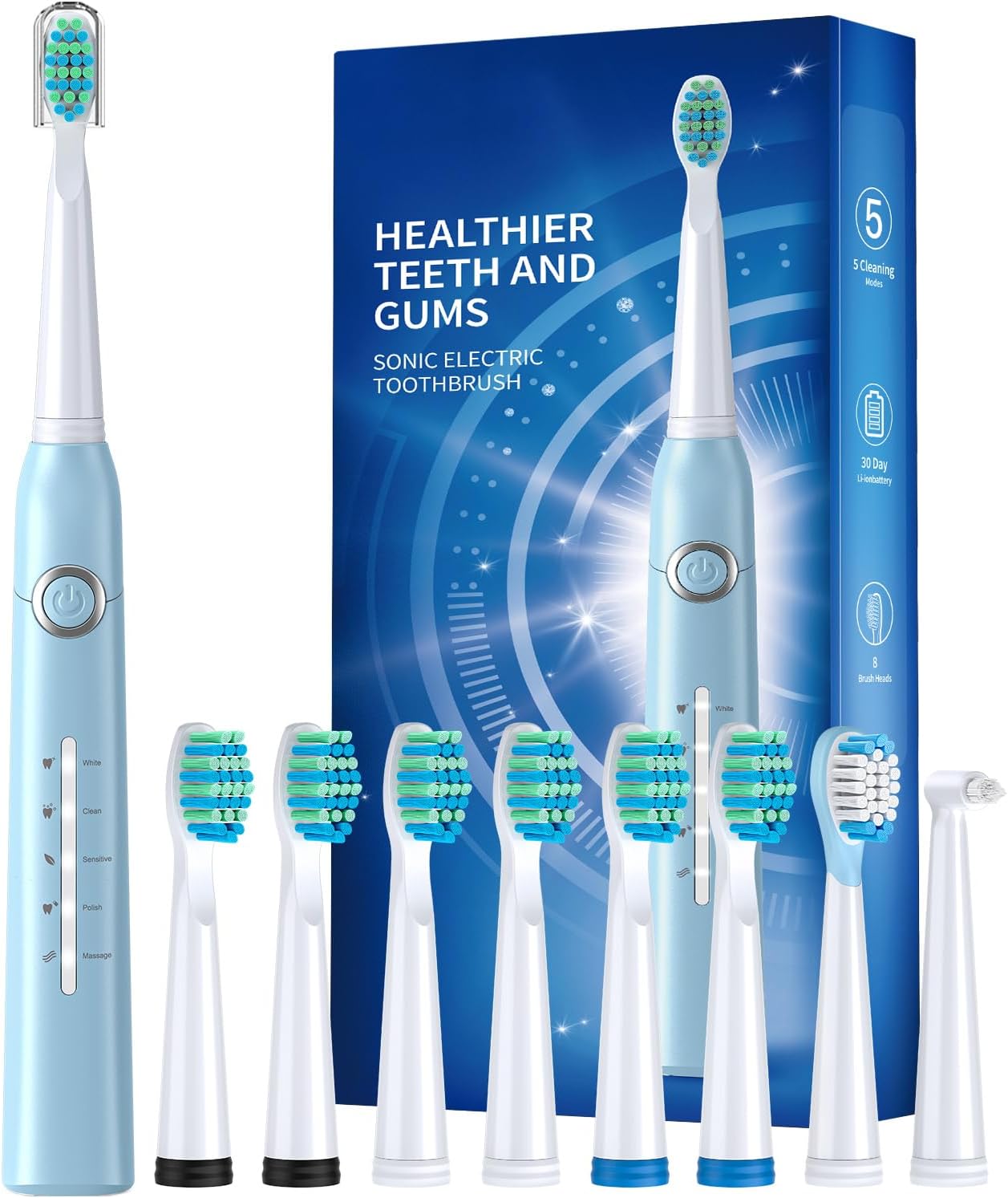 Electric Toothbrush for Adults with 8  , Sonic Electric Toothbrush with 40000 VPM Deep Clean 5 Modes, Rechargeable Toothbrushes Fast Charge 4 Hours Last 30 Days