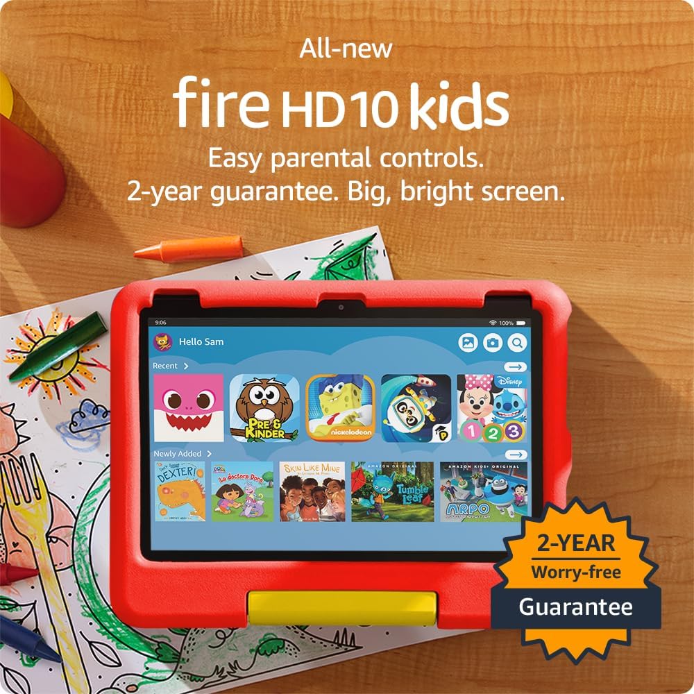 Fire 10 Kids tablet- 2023, ages 3-7 | Bright 10.1" HD screen with ad-free content and parental controls included, 13-hr battery, 32 GB, Blue