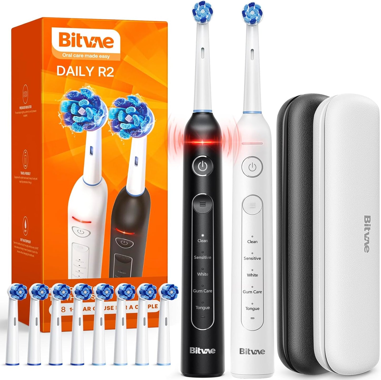 Bitvae R1 Rotating Electric Toothbrush with 8 Brush Heads for Adults and Kids, 60-Day Battery Life, 5 Modes Rechargeable Power Toothbrush with 2-Minute Smart Timer, Black