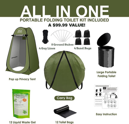 FUN ESSENTIALS Portable Toilet Kit For Adults, Pop Up Privacy Tent, X Large Camping Folding Toilet, 12 Toilet bags, 12 pack Liquid Waste Gel, Washable Foldable For Travel,RV,Outdoor