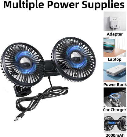 ELOHEI Backseat Car Fan,12V Quiet 3 Speed 360° Rotate Dual Head Usb Car Fans Strong Wind Power for Universal Cars SUV Sedan Trucks(Black)