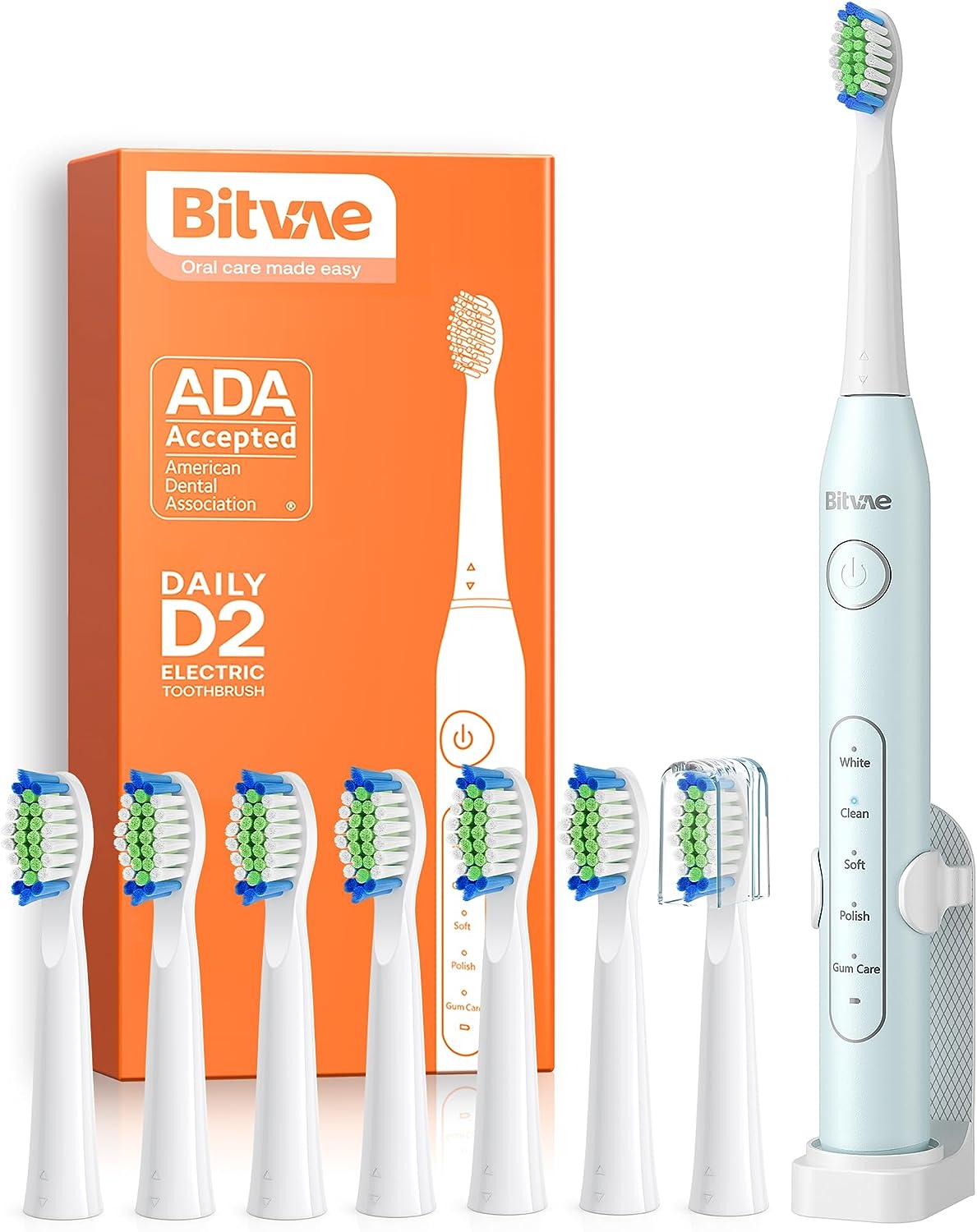 Bitvae Electric Toothbrush for Adults - Ultrasonic Electric Toothbrushes with 8 Brush Heads, ADA Accepted Power Rechargeable Toothbrush with 5 Modes, Smart Timer, Black D2