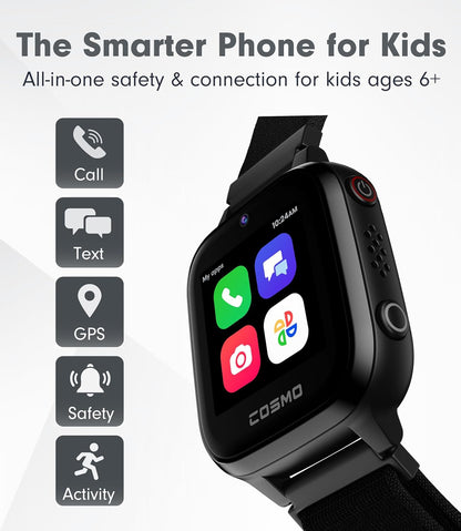 JrTrack 3 Smart Watch for Kids by COSMO | Phone Watch & GPS Tracker for Children Ages 6-12 | Calling, Texting, GPS Tracking, Camera, School Mode | SOS & Safety Alerts | SIM Card Included | (Black)