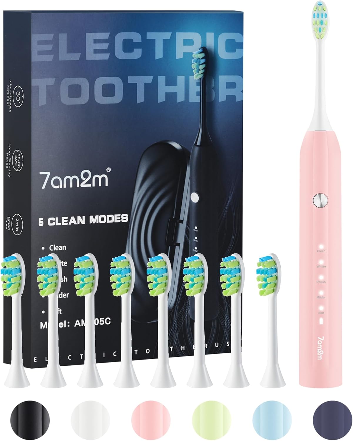 7AM2M Sonic Electric Toothbrush for Adults and Kids, with 6 Brush Heads, 5 Modes with 2 Minutes Build in Smart Timer, Roman Column Handle Design (Light Green, 1 Count (Pack of 1))