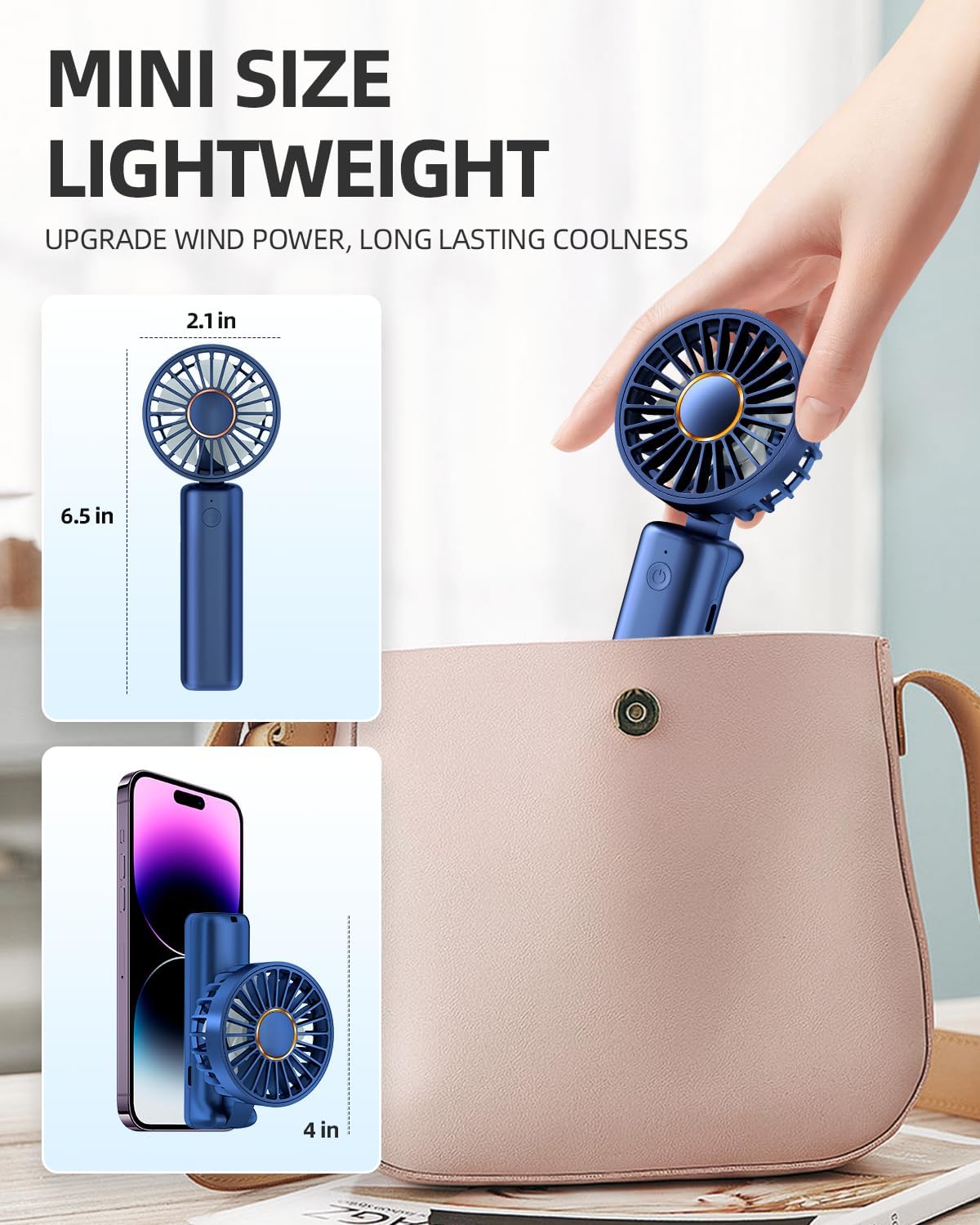 FrSara Portable Handheld Fan, Mini Desk Fan, Multi-Function Fan, 2000mAh Ultra-Long Battery Life, Ultra-Quiet, 3-Speed Adjustment(Blue)