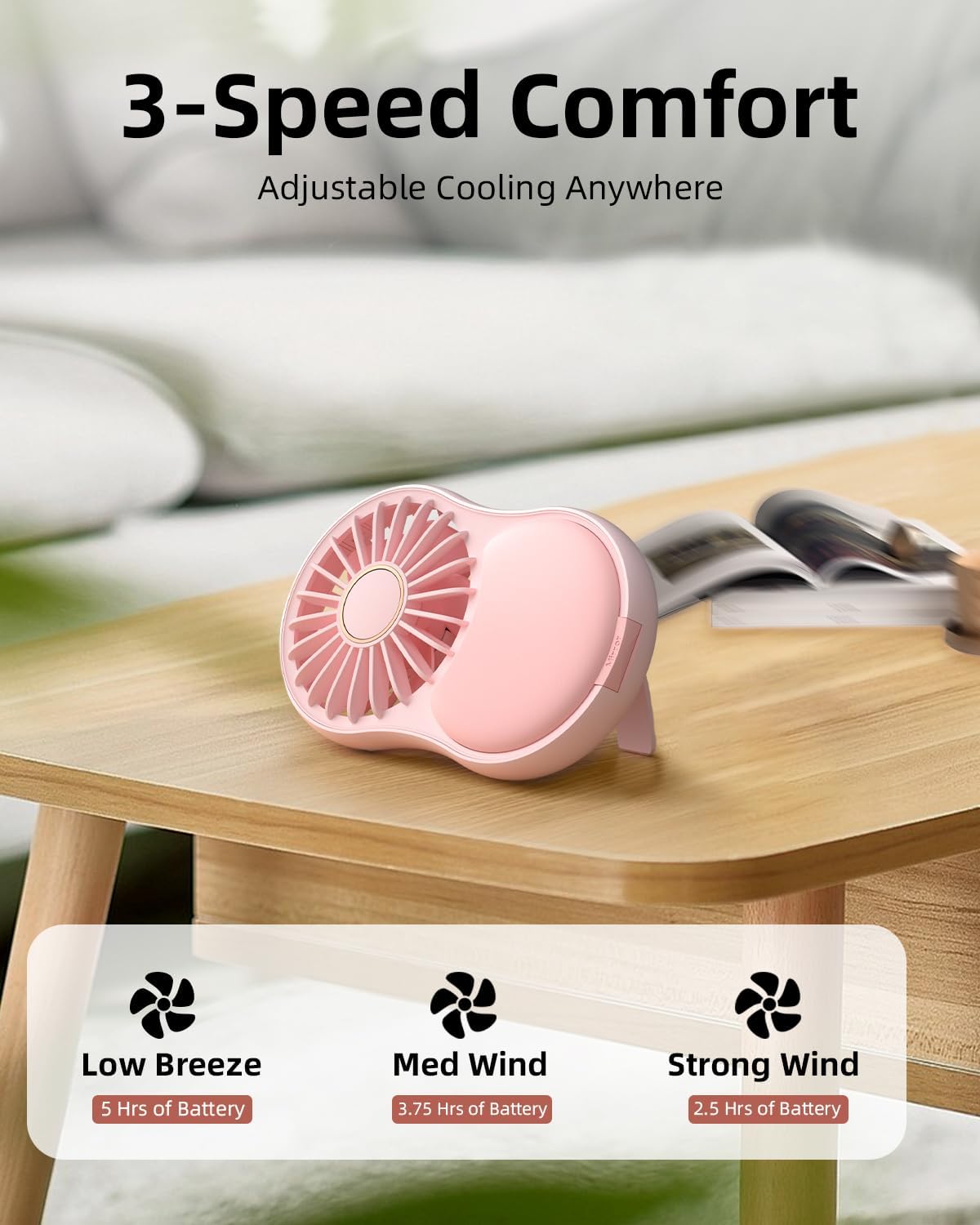 FrSara Portable Handheld Fan - Face Fan for Skincare with 3-Speed, USB-C 2000mAH Rechargeable Travel Fan, Mini Makeup Fan for Home, Office, Outdoor, Ideal for Women, Pink