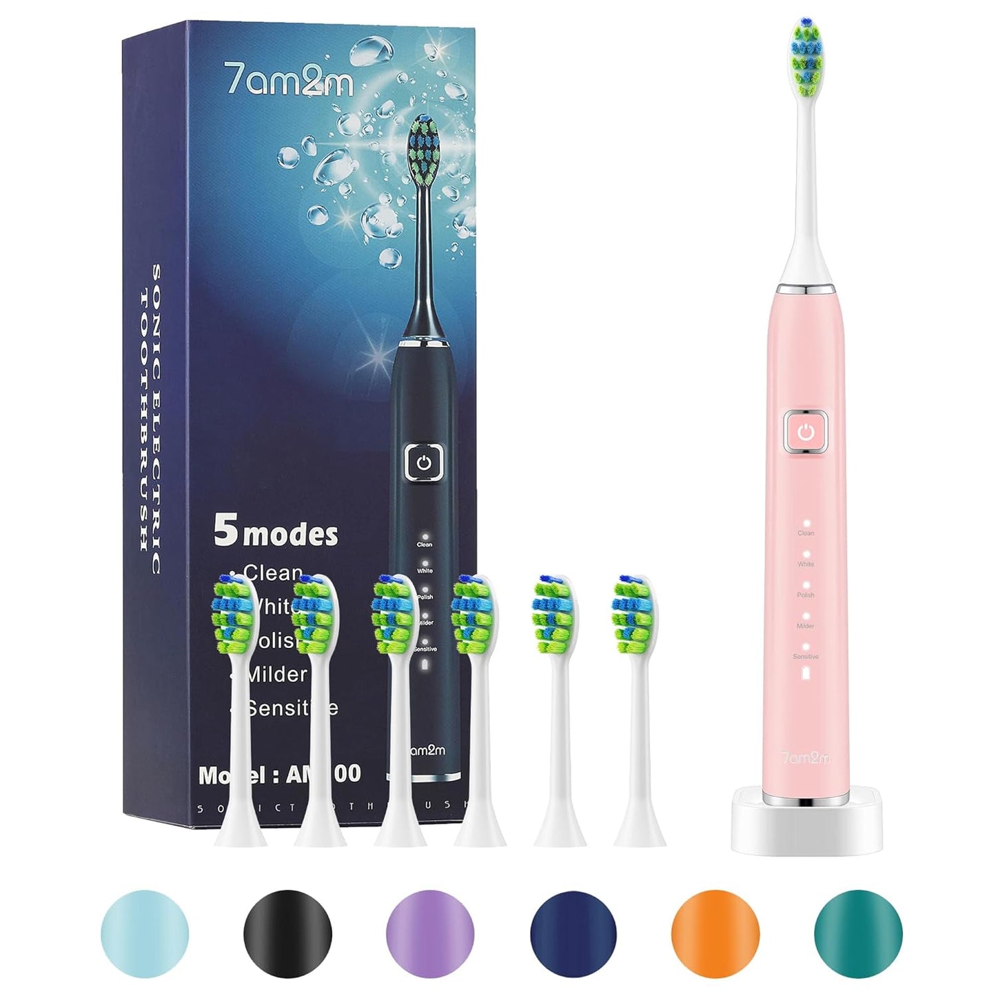 7AM2M Sonic Electric Toothbrush with 6 Brush Heads for Adults and Kids, One Charge for 90 Days, Wireless Fast Charge, 5 Modes with 2 Minutes Built in Smart Timer, Electric Toothbrushes(Pink)