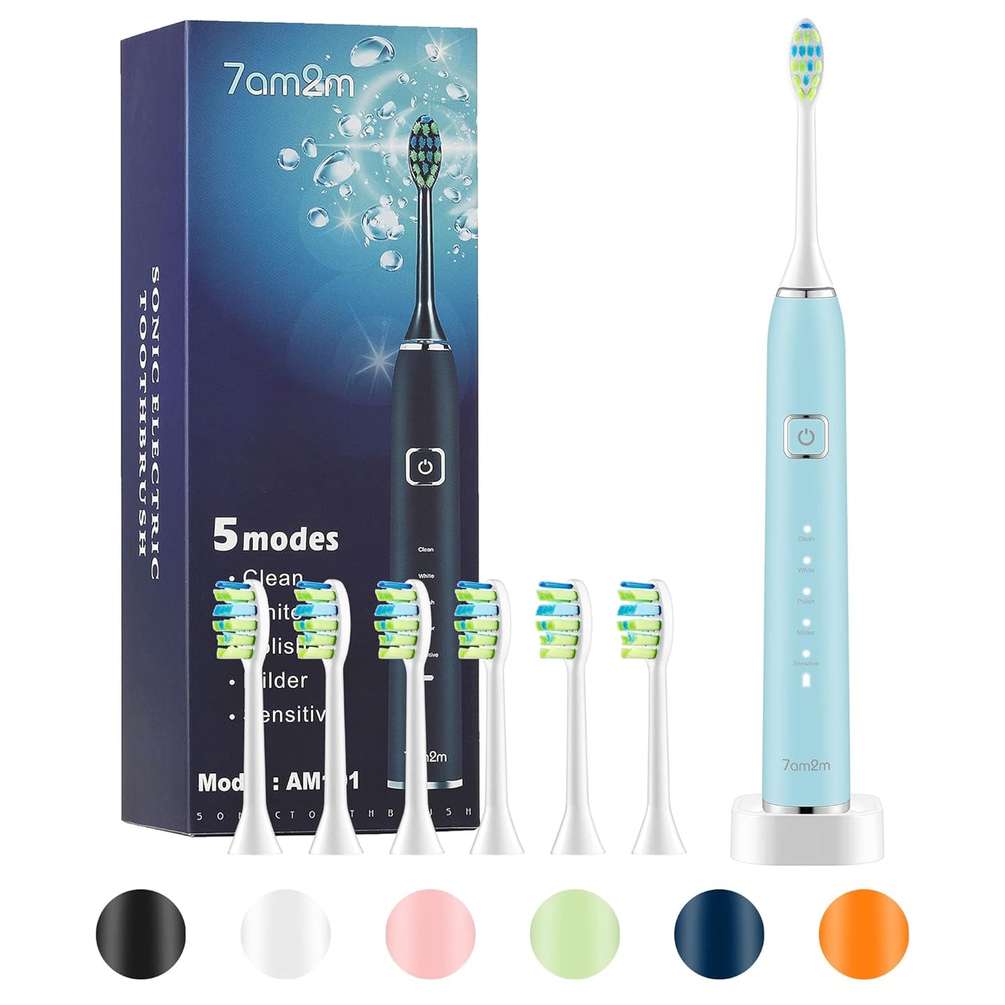 7AM2M Sonic Electric Toothbrush with 6 Brush Heads for Adults and Kids, One Charge for 90 Days, Wireless Fast Charge, 5 Modes with 2 Minutes Built in Smart Timer, Electric Toothbrushes(Pink)