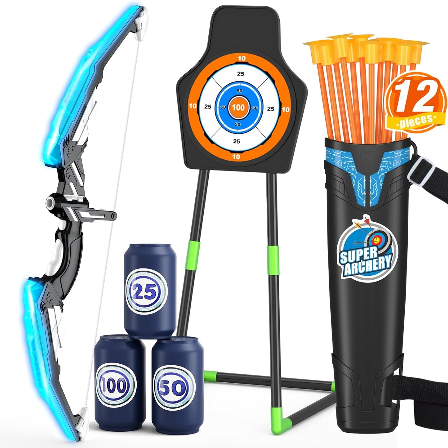 2 Pack Bow and Arrow for Kids, LED Light Up Archery Set with 12 Suction Cup Arrows, 1 Standing Target, 3 Score Targets & 1 Quiver, Indoor Outdoor Sport Gifts for Boys Girls Ages 4-12