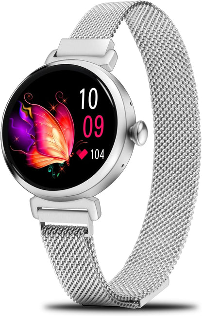 Minimalist Fashion Smart Watch for Women (Answer/Make Calls), World Smallest Round 1.04" AMOLED Screen Fitness Tracker with Heart Rate Sleep Monitor, Notification and a Free Leather Band