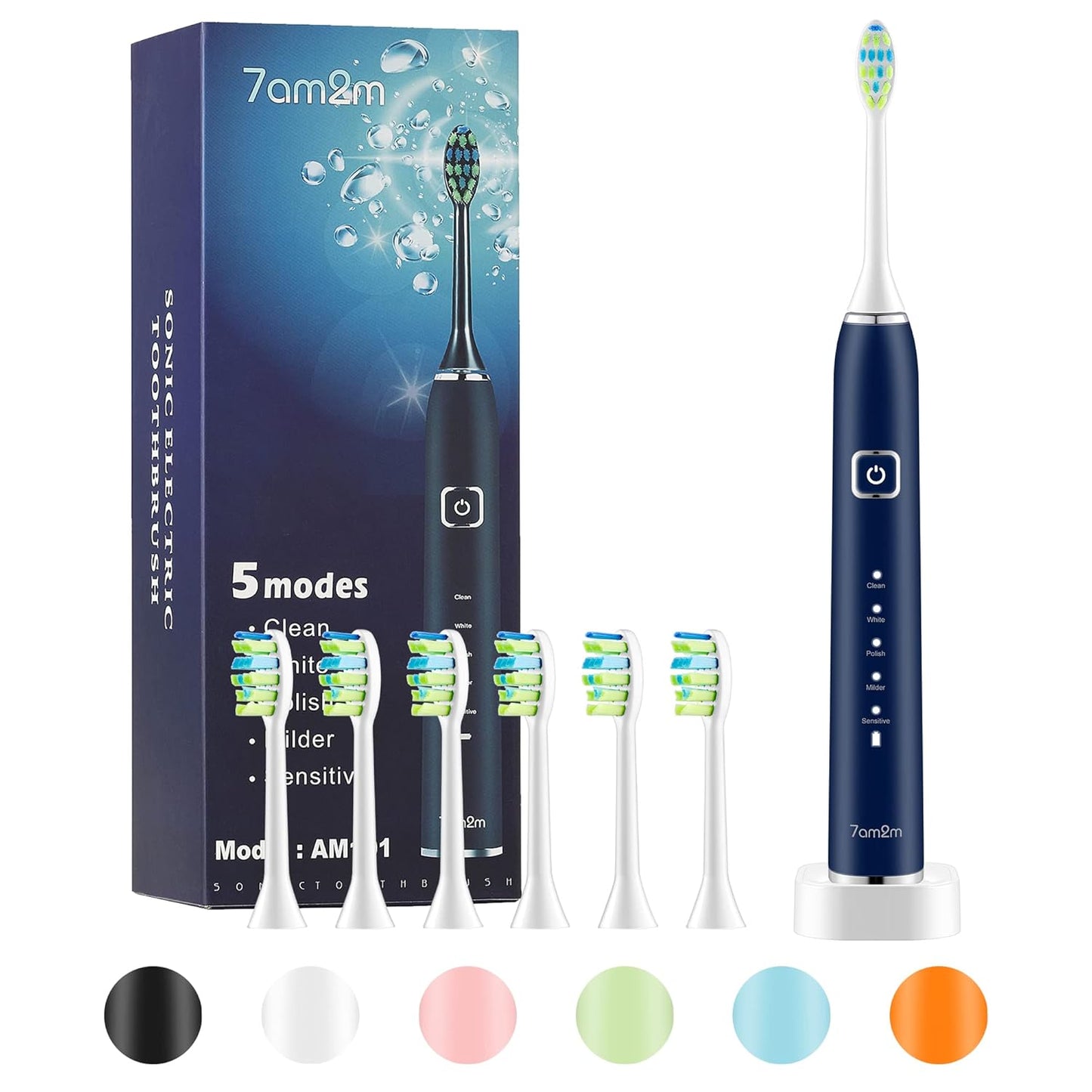 7AM2M Sonic Electric Toothbrush with 6 Brush Heads for Adults and Kids, One Charge for 90 Days, Wireless Fast Charge, 5 Modes with 2 Minutes Built in Smart Timer, Electric Toothbrushes(Pink)