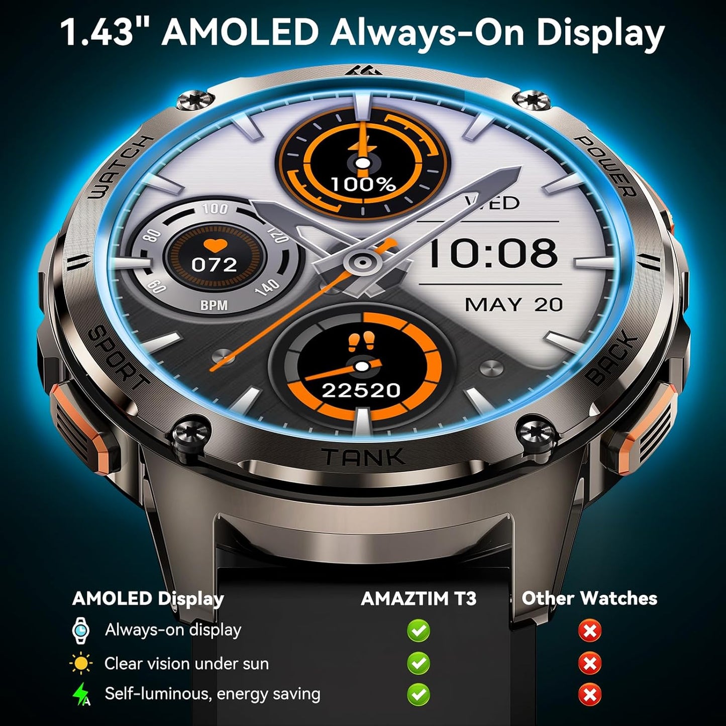 AMAZTIM Smart Watch, 60 Days Extra-Long Battery, 5ATM Waterproof Swimming Diving, Full Metal military tactical, Answer/Make Call, 1.43" AMOLED Display, Health Monitor Compatible for iPhone and Android