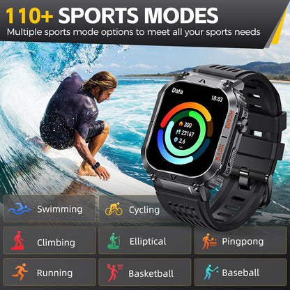 Military Smart Watch for Men 5ATM Waterproof with Call 2.02" Large Screen Rugged Outdoor Tactical Smartwatch with Compass Fitness Watch with Heart Rate Blood Pressure Monitor for iPhone Android Phone