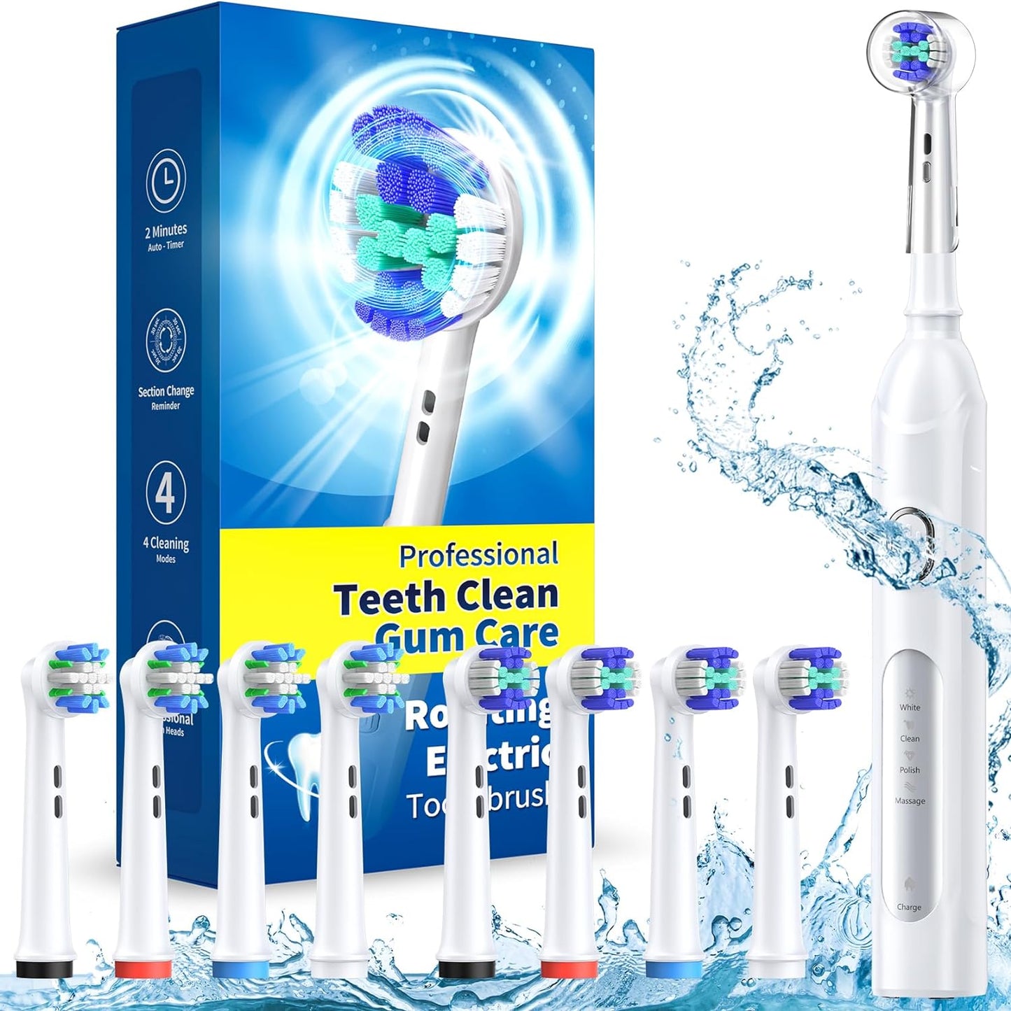 Rotating Electric Toothbrush for Adults with 8 Brush Heads (2 Types), 4 Modes Deep Clean Electric Toothbrush with Rechargeable Power and 2 Min Smart Timer, Fast Charge (Black)