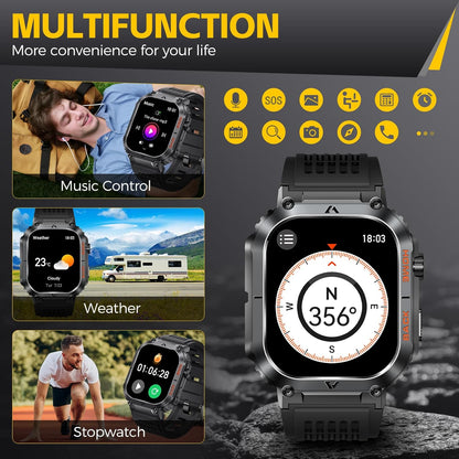 Military Smart Watch for Men 5ATM Waterproof with Call 2.02" Large Screen Rugged Outdoor Tactical Smartwatch with Compass Fitness Watch with Heart Rate Blood Pressure Monitor for iPhone Android Phone