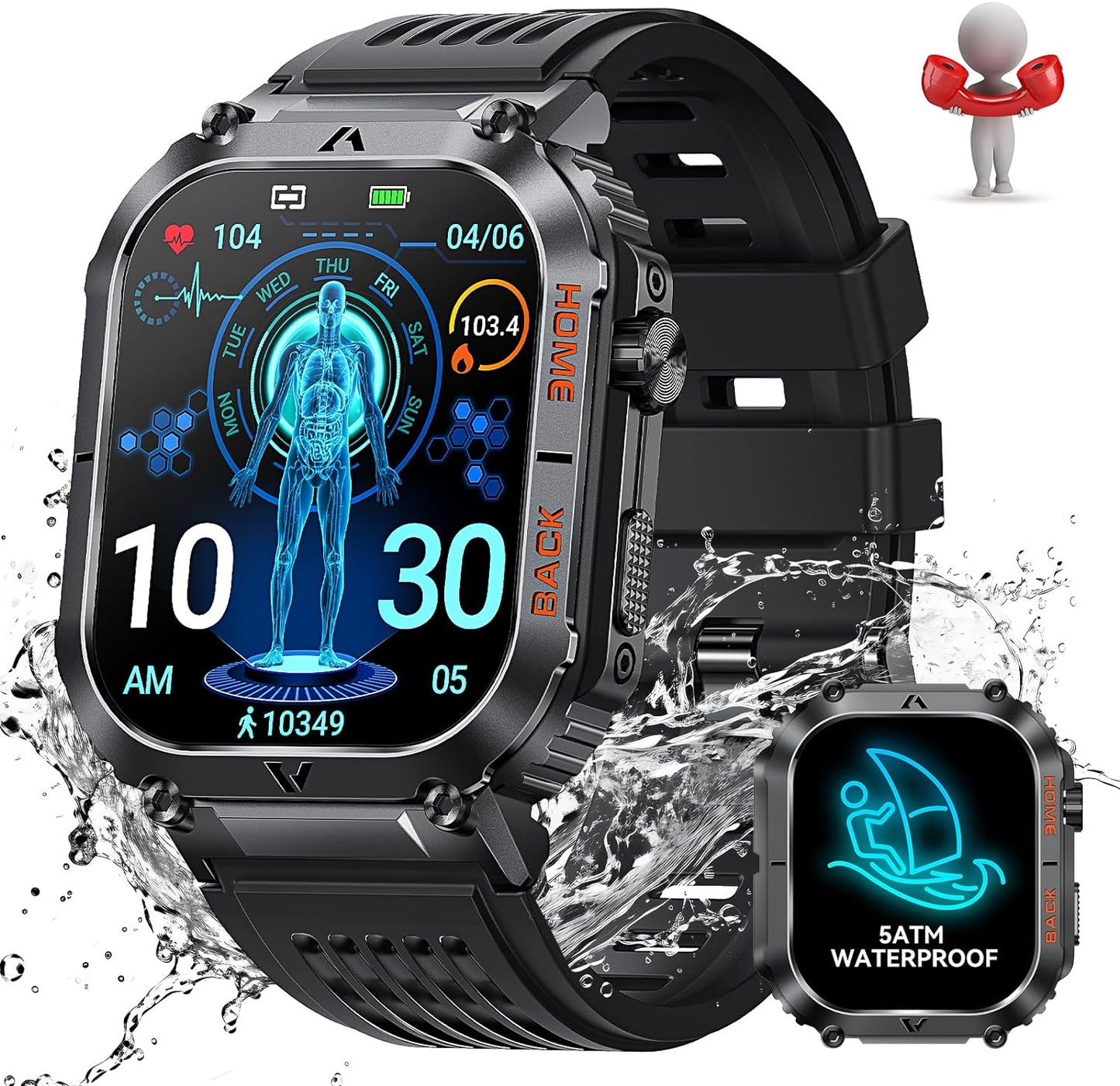 Military Smart Watch for Men 5ATM Waterproof with Call 2.02" Large Screen Rugged Outdoor Tactical Smartwatch with Compass Fitness Watch with Heart Rate Blood Pressure Monitor for iPhone Android Phone