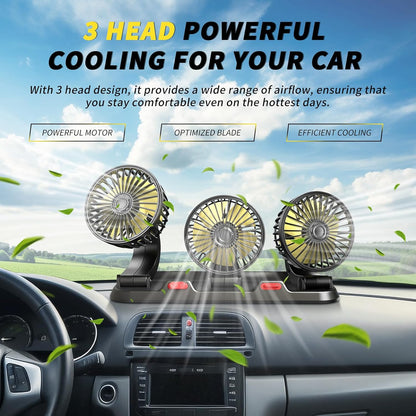 Car Fan，Three Head Portable Vehicle Cooling Fan with Two Speeds, 360° Rotation Fan with Cigarette Lighter Plug for Vehicles, RV, SUV