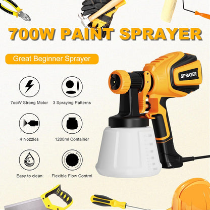 Paint Sprayer, 700W HVLP Spray Gun with Cleaning & Blowing Joints, 4 Nozzles and 3 Patterns, Easy to Clean, for Furniture, Cabinets, Fence, Walls, Door, Garden Chairs etc. VF803