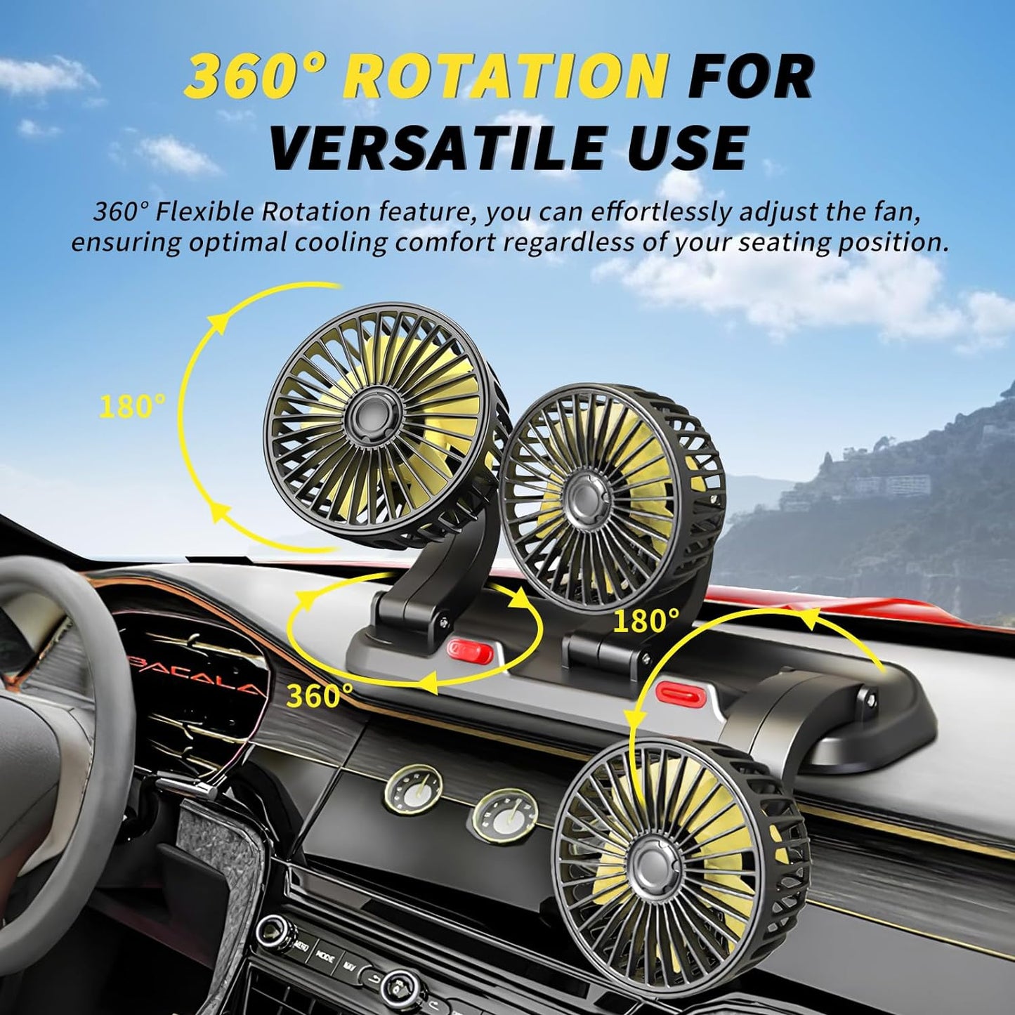 Car Fan，Three Head Portable Vehicle Cooling Fan with Two Speeds, 360° Rotation Fan with Cigarette Lighter Plug for Vehicles, RV, SUV