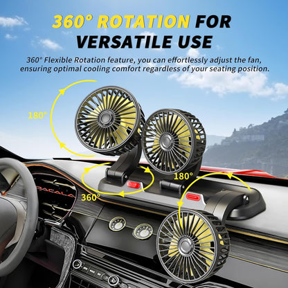 Car Fan，Three Head Portable Vehicle Cooling Fan with Two Speeds, 360° Rotation Fan with Cigarette Lighter Plug for Vehicles, RV, SUV