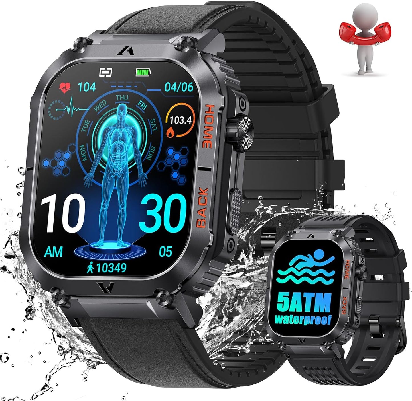 Military Smart Watch for Men 5ATM Waterproof with Call 2.02" Large Screen Rugged Outdoor Tactical Smartwatch with Compass Fitness Watch with Heart Rate Blood Pressure Monitor for iPhone Android Phone