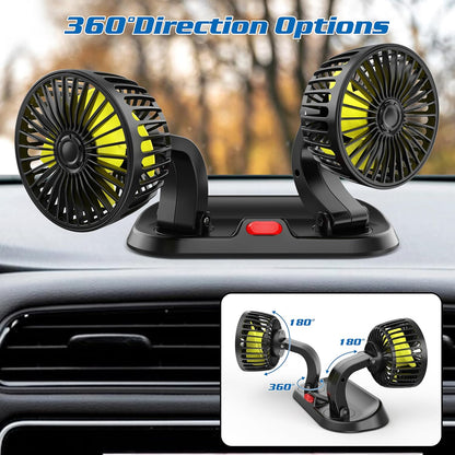 Car Fan Adjustable Dual Head 12v Fan for Car, Portable Vehicle Cooling Fan with 2 Speeds, 360° Rotation Cigarette Lighter Powered Car Essentials Car Cooler Fan for SUV, RV, Truck, Sedan, Cruise