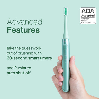 Aquasonic Icon ADA-Accepted Rechargeable Toothbrush | Magnetic Holder & Slim Travel Case | 2 Brushing Modes & Smart Timers | Gentle Micro-Vibrations (Mint)