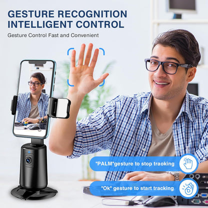 Auto Face Tracking Tripod 360° Rotating Auto Tracking Phone Stand, No App, Phone Camera Stand with Remote and Gesture Control, Rechargeable Smart Shooting Stand for Live Video Recording Tiktok