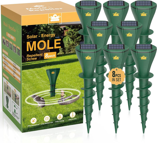 8PCS Mole Repellent Solar Powered, 3 Modes, Repels Moles, Gophers, Snakes and Voles by Vibrating and Varying The Sonic at 2 Minute intervals.