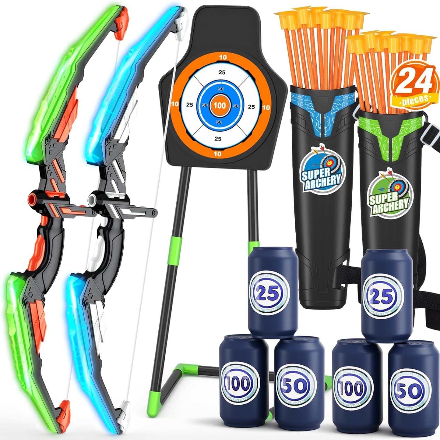 2 Pack Bow and Arrow for Kids, LED Light Up Archery Set with 12 Suction Cup Arrows, 1 Standing Target, 3 Score Targets & 1 Quiver, Indoor Outdoor Sport Gifts for Boys Girls Ages 4-12