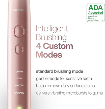 Aquasonic Vibe Series Ultra-Whitening Toothbrush – ADA Accepted Electric Toothbrush - 8 Brush Heads & Travel Case – 40,000 VPM Motor & Wireless Charging - 4 Modes w Smart Timer – Satin Rose Gold