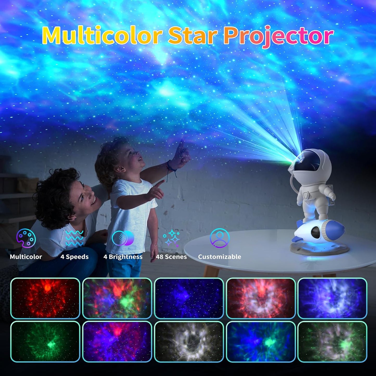 Astronaut Galaxy Projector, Star Nebula Projector with Rocket Lamp, Night Lights LED Star Projector for Bedroom, Remote Control, White Noises, Bluetooth Speaker for Ceiling, Room Decor, Gifts