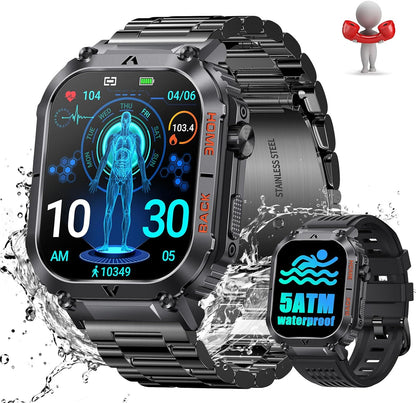 Military Smart Watch for Men 5ATM Waterproof with Call 2.02" Large Screen Rugged Outdoor Tactical Smartwatch with Compass Fitness Watch with Heart Rate Blood Pressure Monitor for iPhone Android Phone