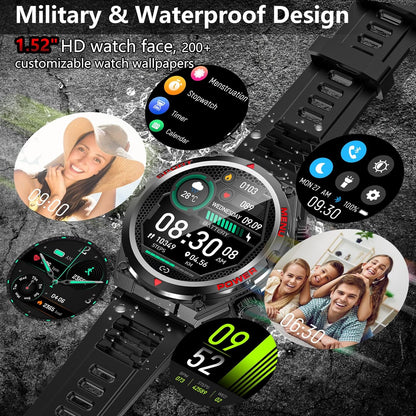 Military Smart Watch for Men Women, 1.52" HD Bluetooth Fitness Tracker for iPhone Android iOS , IP68 Waterproof Fitness Watch with Answer, Make Call, Heart Rate, Sleep Monitor, 100+ Sport Modes -Black