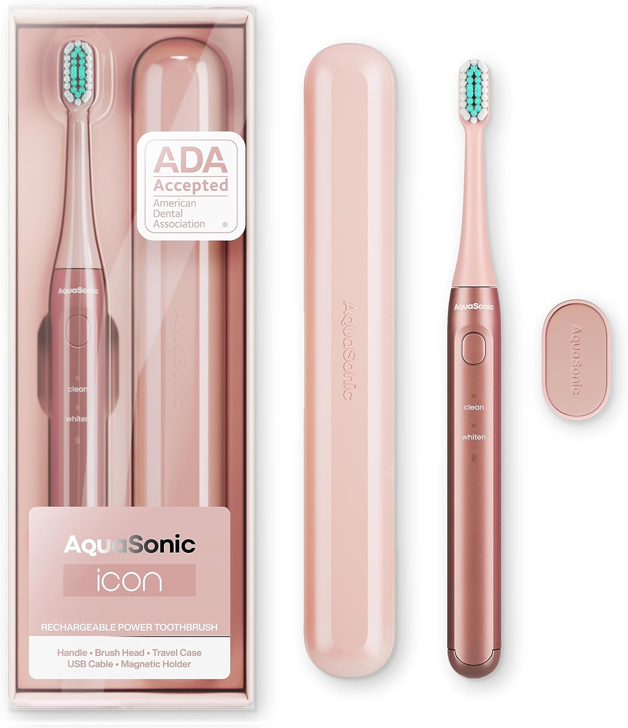 Aquasonic Icon ADA-Accepted Rechargeable Toothbrush | Magnetic Holder & Slim Travel Case | 2 Brushing Modes & Smart Timers | Gentle Micro-Vibrations (Mint)