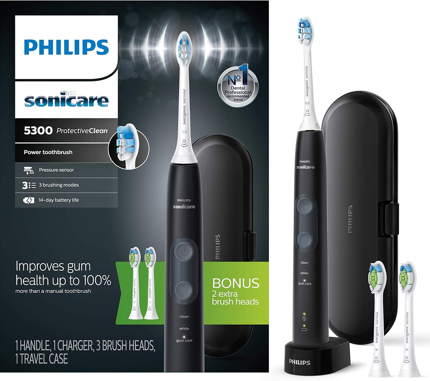 Philips Sonicare ProtectiveClean 5300 Rechargeable Electric Power Toothbrush, Black, HX6423/34