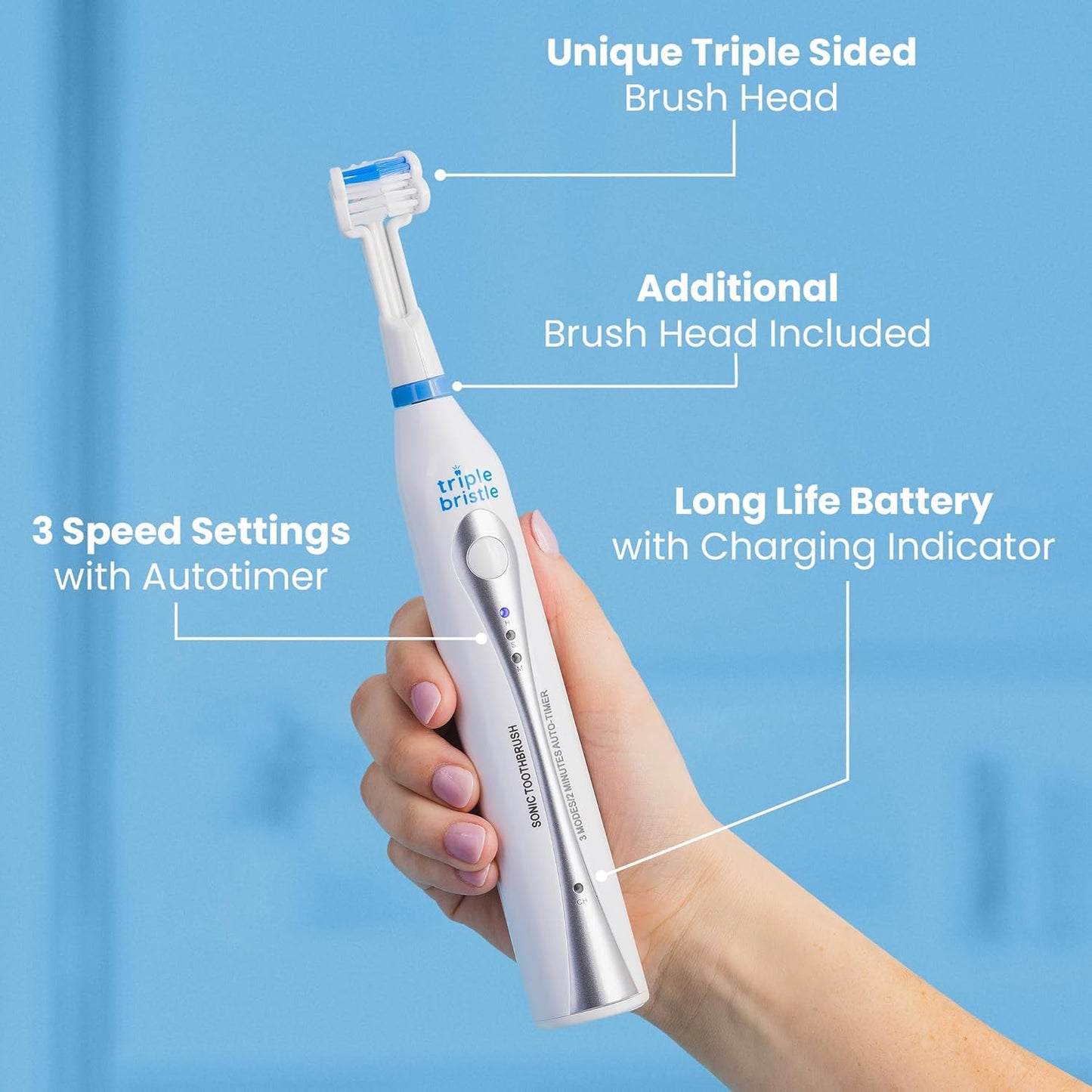 Triple Bristle Original Sonic Toothbrush | Rechargeable 31,000 VPM Tooth Brush | Patented 3 Head Design | Angled Bristles Clean Each Tooth | Dentist Created & Approved Original