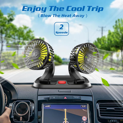 Car Fan Adjustable Dual Head 12v Fan for Car, Portable Vehicle Cooling Fan with 2 Speeds, 360° Rotation Cigarette Lighter Powered Car Essentials Car Cooler Fan for SUV, RV, Truck, Sedan, Cruise