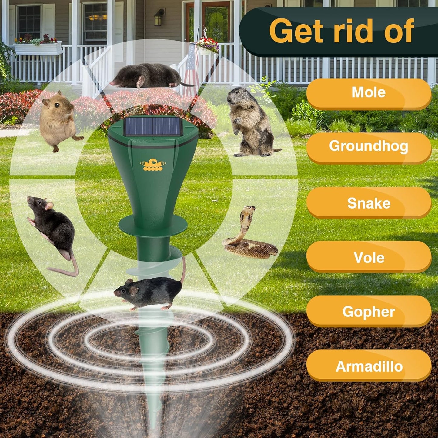 2PCS Mole Repellent Solar Powered, 3 Modes, Repels Moles, Gophers, Snakes and Voles by Vibrating and Varying The Sonic at 2 Minute intervals.