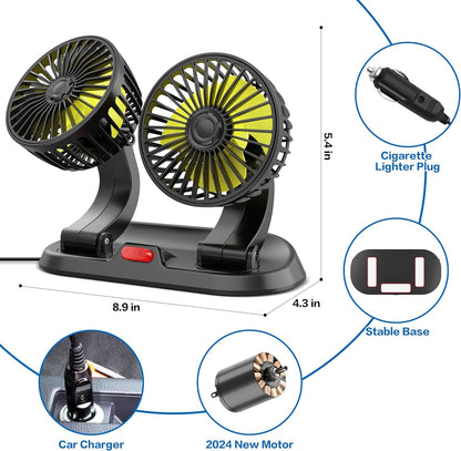 Car Fan Adjustable Dual Head 12v Fan for Car, Portable Vehicle Cooling Fan with 2 Speeds, 360° Rotation Cigarette Lighter Powered Car Essentials Car Cooler Fan for SUV, RV, Truck, Sedan, Cruise