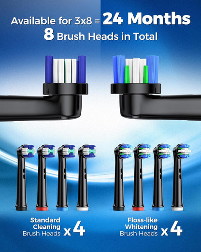 Rotating Electric Toothbrush for Adults with 8 Brush Heads (2 Types), 4 Modes Deep Clean Electric Toothbrush with Rechargeable Power and 2 Min Smart Timer, Fast Charge (Black)