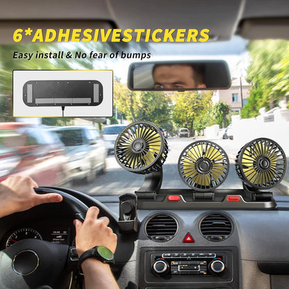 Car Fan，Three Head Portable Vehicle Cooling Fan with Two Speeds, 360° Rotation Fan with Cigarette Lighter Plug for Vehicles, RV, SUV