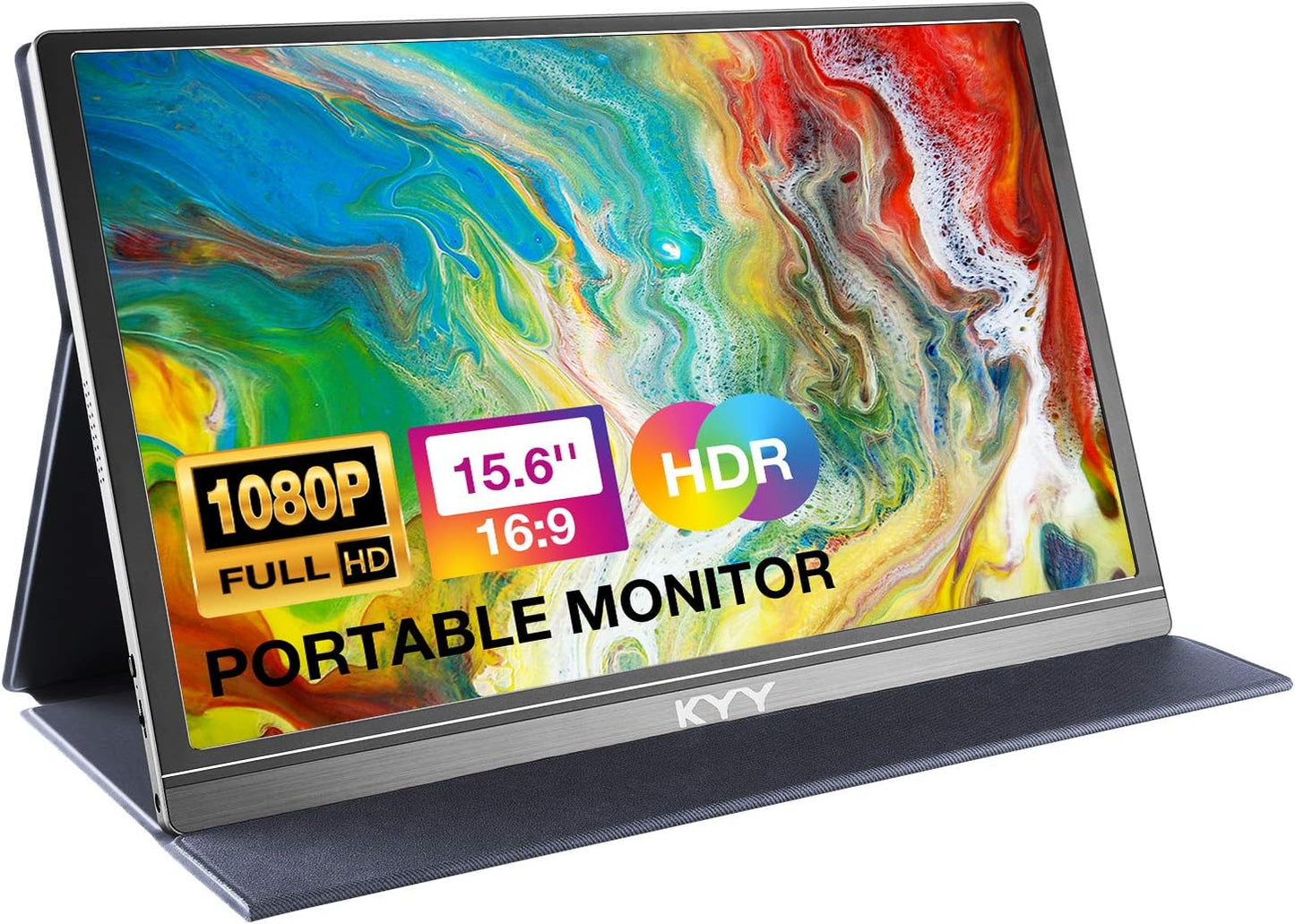 KYY Portable Monitor 15.6inch 1080P FHD USB-C, HDMI Computer Display HDR IPS Gaming Monitor w/Premium Smart Cover & Screen Protector, Speakers, for Laptop PC MAC Phone PS4 Xbox Switch