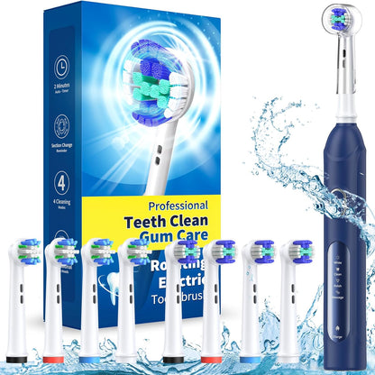 Rotating Electric Toothbrush for Adults with 8 Brush Heads (2 Types), 4 Modes Deep Clean Electric Toothbrush with Rechargeable Power and 2 Min Smart Timer, Fast Charge (Black)