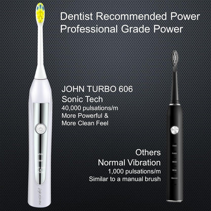 JOHN Sonic Electric Toothbrush for Adults, 6X Cleaning Power, 4 Weeks of Use Rechargeable Lithium-ion Battery, 4 Brush Heads, Turbo 606 White