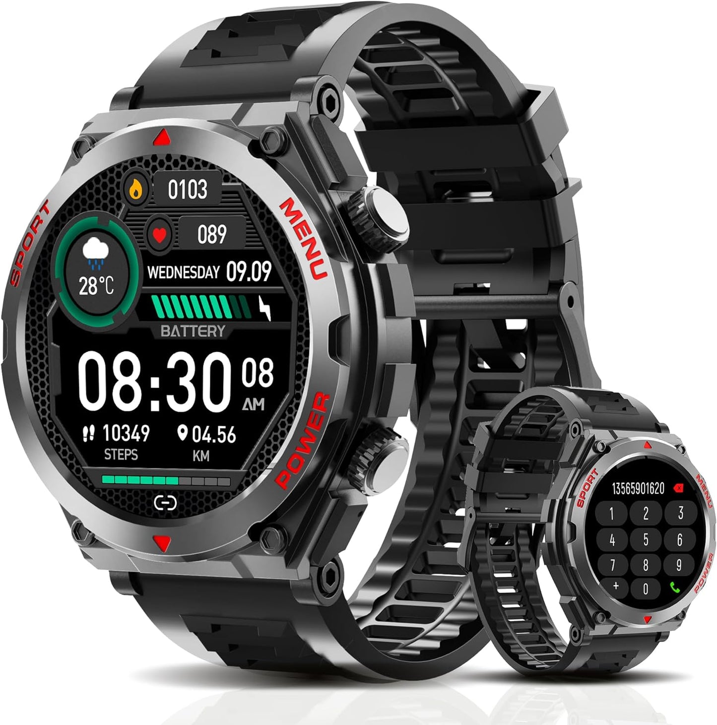 Military Smart Watch, 1.52-Inch Touch Screen Tactical Smartwatch with Text and Call, Heart Rate, Blood Oxygen, and Activity Trackers - Compatible with iPhone and Android, for Men and Women(Black)