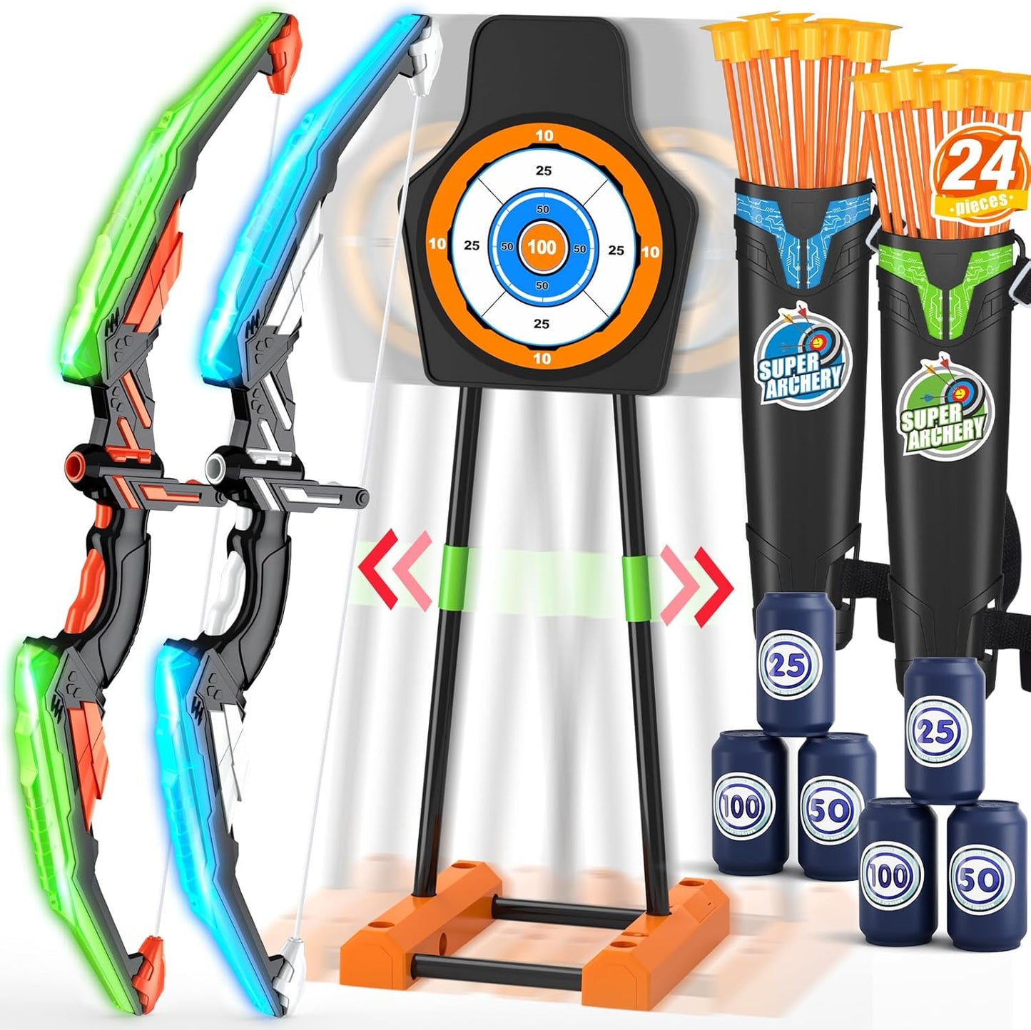 2 Pack Bow and Arrow for Kids, LED Light Up Archery Set with 12 Suction Cup Arrows, 1 Standing Target, 3 Score Targets & 1 Quiver, Indoor Outdoor Sport Gifts for Boys Girls Ages 4-12