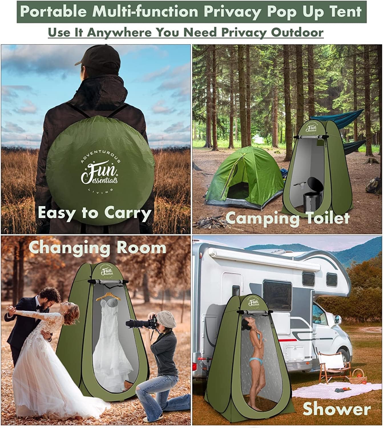 FUN ESSENTIALS Portable Toilet Kit For Adults, Pop Up Privacy Tent, X Large Camping Folding Toilet, 12 Toilet bags, 12 pack Liquid Waste Gel, Washable Foldable For Travel,RV,Outdoor