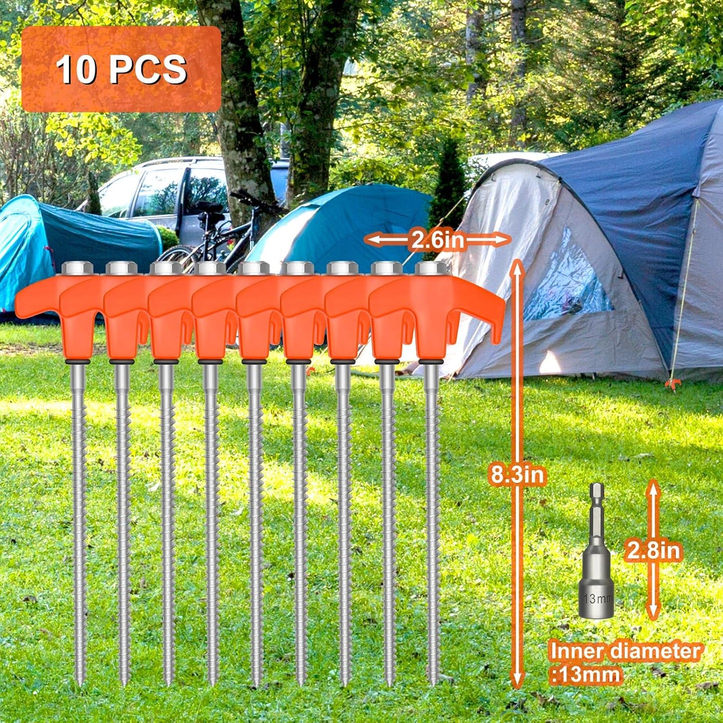 8" Screw Tent Stakes - Heavy-Duty Metal Threaded Camping Tent Spikes with Luminescent Plastic Heads, Essential for Outdoor Camping - 10 Pack